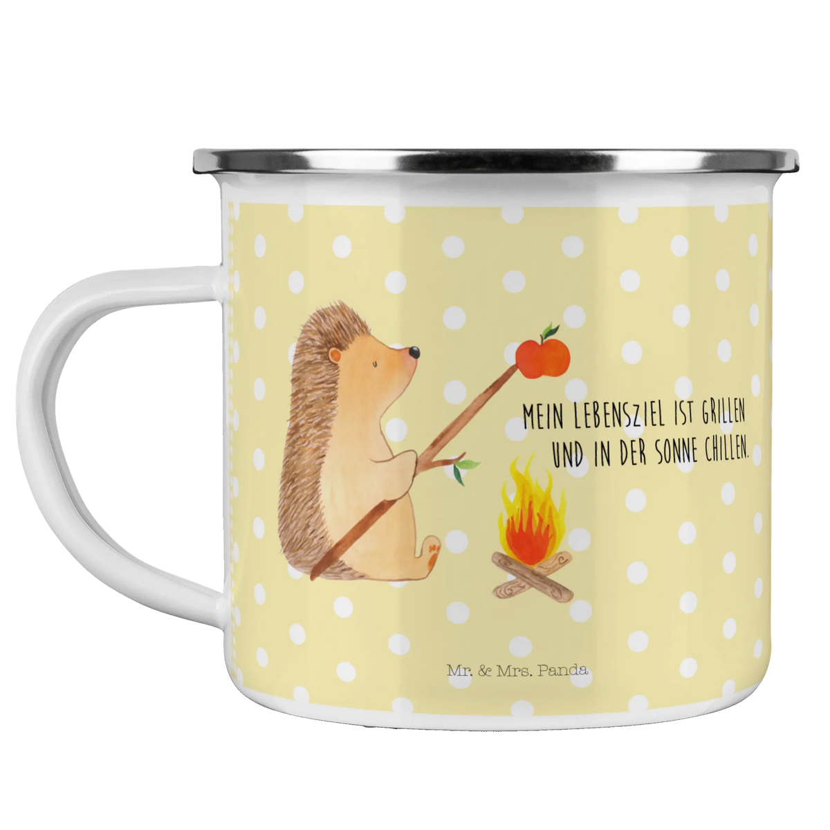 Enamel camping mug Hedgehog grilling card, gift ideas, gifts, small animals, cute, cute animal motives, hand drawn, funny sayings, good mood, special gifts, animal lover, meaning of life, saying, goals, unemployed
