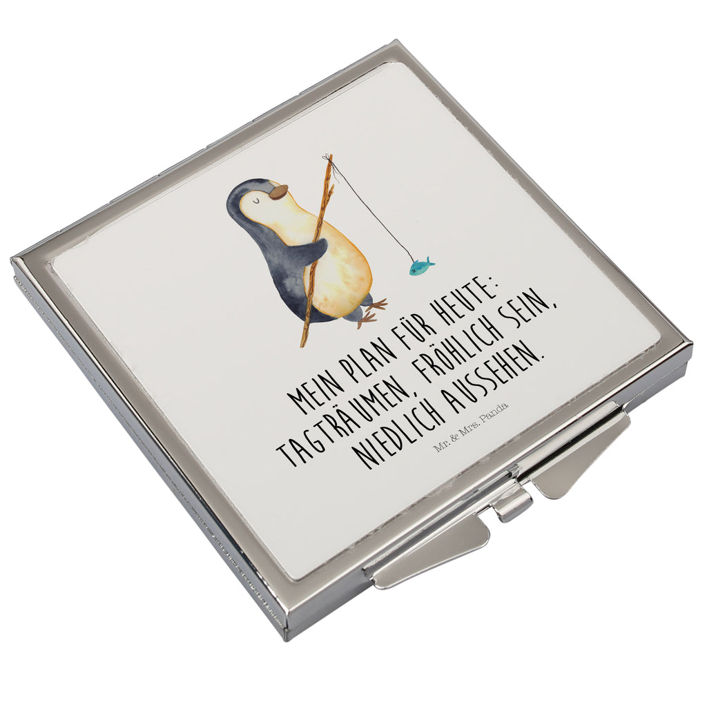 Handtaschenspiegel quadratisch Pinguin Angler Spiegel, Handtasche, Quadrat, silber, schminken, Schminkspiegel, Pinguin, Pinguine, Angeln, Angler, Tagträume, Hobby, Plan, Planer, Tagesplan, Neustart, Motivation, Geschenk, Freundinnen, Geschenkidee, Urlaub, Wochenende