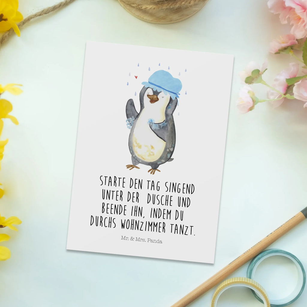 Postkarte Pinguin Duschen bildkarte, Fotokarte, Designkarte, Motivkarte, Postkarte, spruchkarte, einzelkarte, Postkarten, Ansichtskarten, Ansichtskarte, kunstkarte, Grußkarte, Kunstkarten, Pinguin, Dusche, Motivation, Duschen, Lebensmotto, Neustart, Neuanfang, glücklich sein, Pinguine