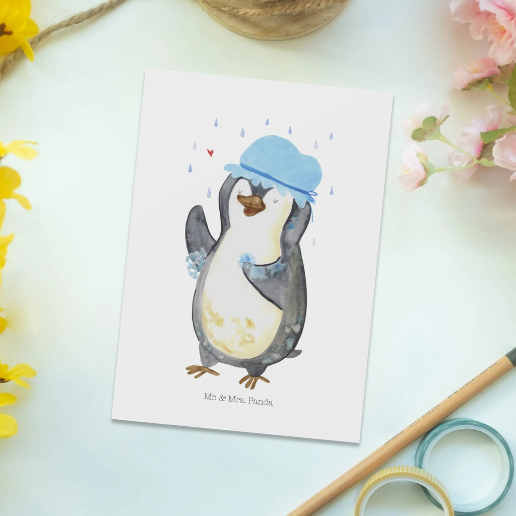 Postkarte Pinguin Duschen bildkarte, Fotokarte, Designkarte, Motivkarte, Postkarte, spruchkarte, einzelkarte, Postkarten, Ansichtskarten, Ansichtskarte, kunstkarte, Grußkarte, Kunstkarten, Pinguin, Dusche, Motivation, Duschen, Lebensmotto, Neustart, Neuanfang, glücklich sein, Pinguine