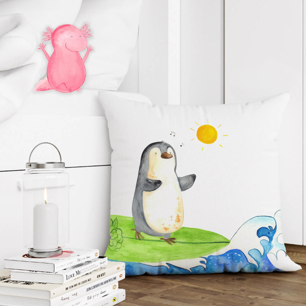Cushion Penguin surfer bedroom, couch, pillows, sofa, cushion, settee, soft, 40x40, 40 x 40, bed, Pillow, pad, fluffy, pillow case, Penguin, North Pole, Winter, Penguins, Hawaii, waves, penguins, surfing, Portugal, wave riding, holidays, surfers