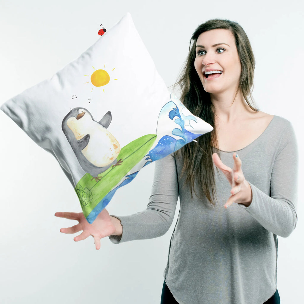 Cushion Penguin surfer bedroom, couch, pillows, sofa, cushion, settee, soft, 40x40, 40 x 40, bed, Pillow, pad, fluffy, pillow case, Penguin, North Pole, Winter, Penguins, Hawaii, waves, penguins, surfing, Portugal, wave riding, holidays, surfers