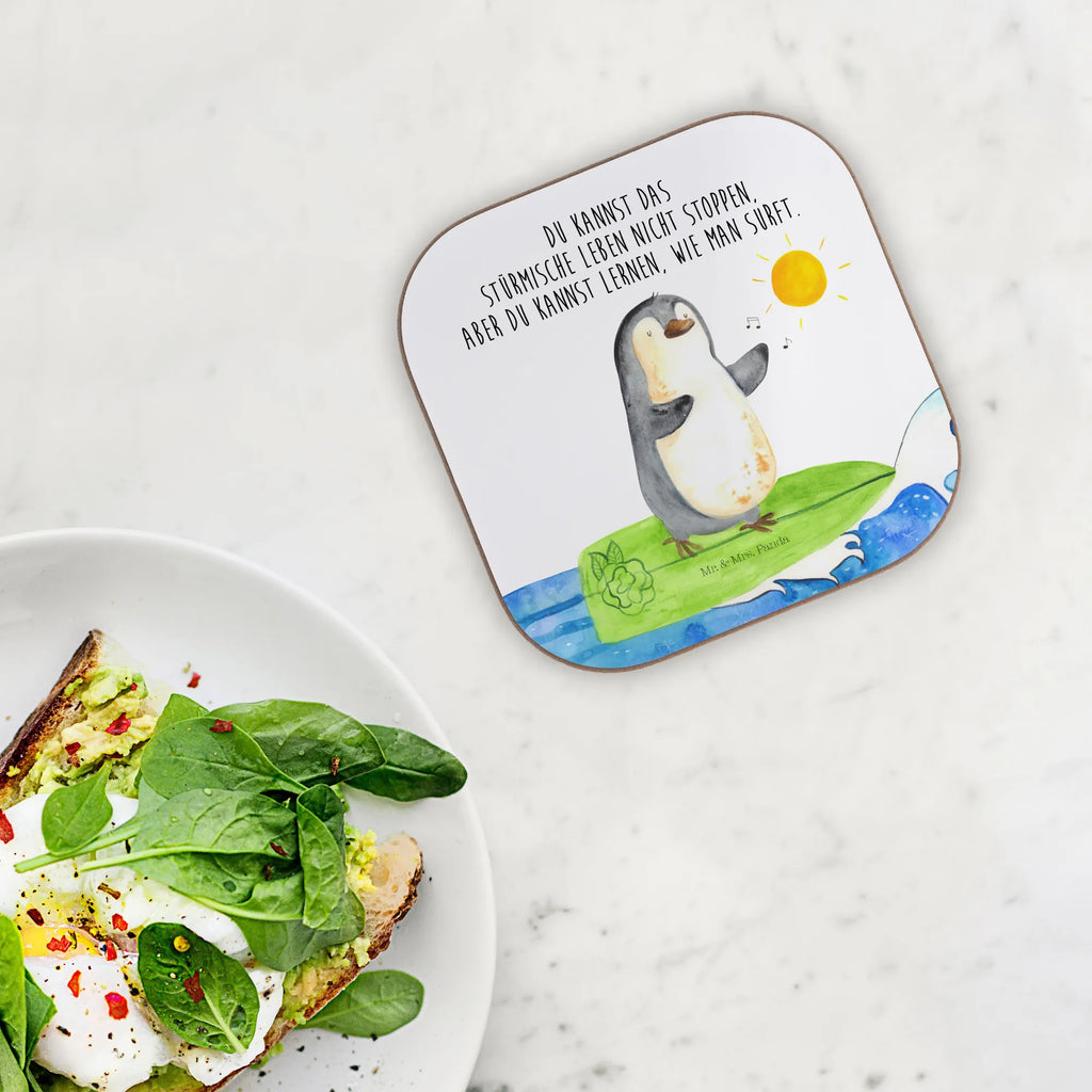 Square coaster Penguin surfer presents, Coasters, party, gifts, gift, breakfast, glass coasters, Penguin, North Pole, Winter, Penguins, waves, Portugal, wave riding, Hawaii, surfing, holidays, surfers, penguins
