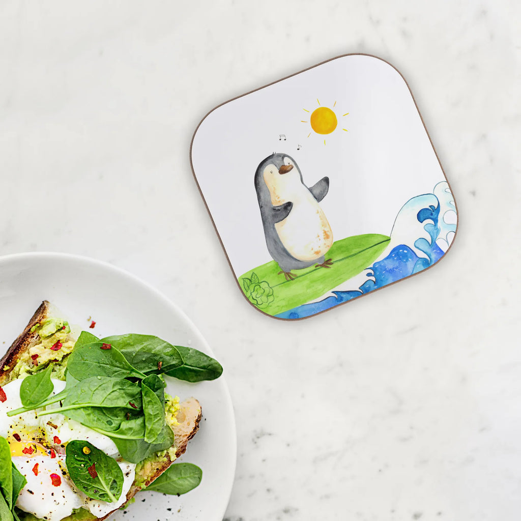 Square coaster Penguin surfer presents, Coasters, party, gifts, gift, breakfast, glass coasters, Penguin, North Pole, Winter, Penguins, waves, Portugal, wave riding, Hawaii, surfing, holidays, surfers, penguins
