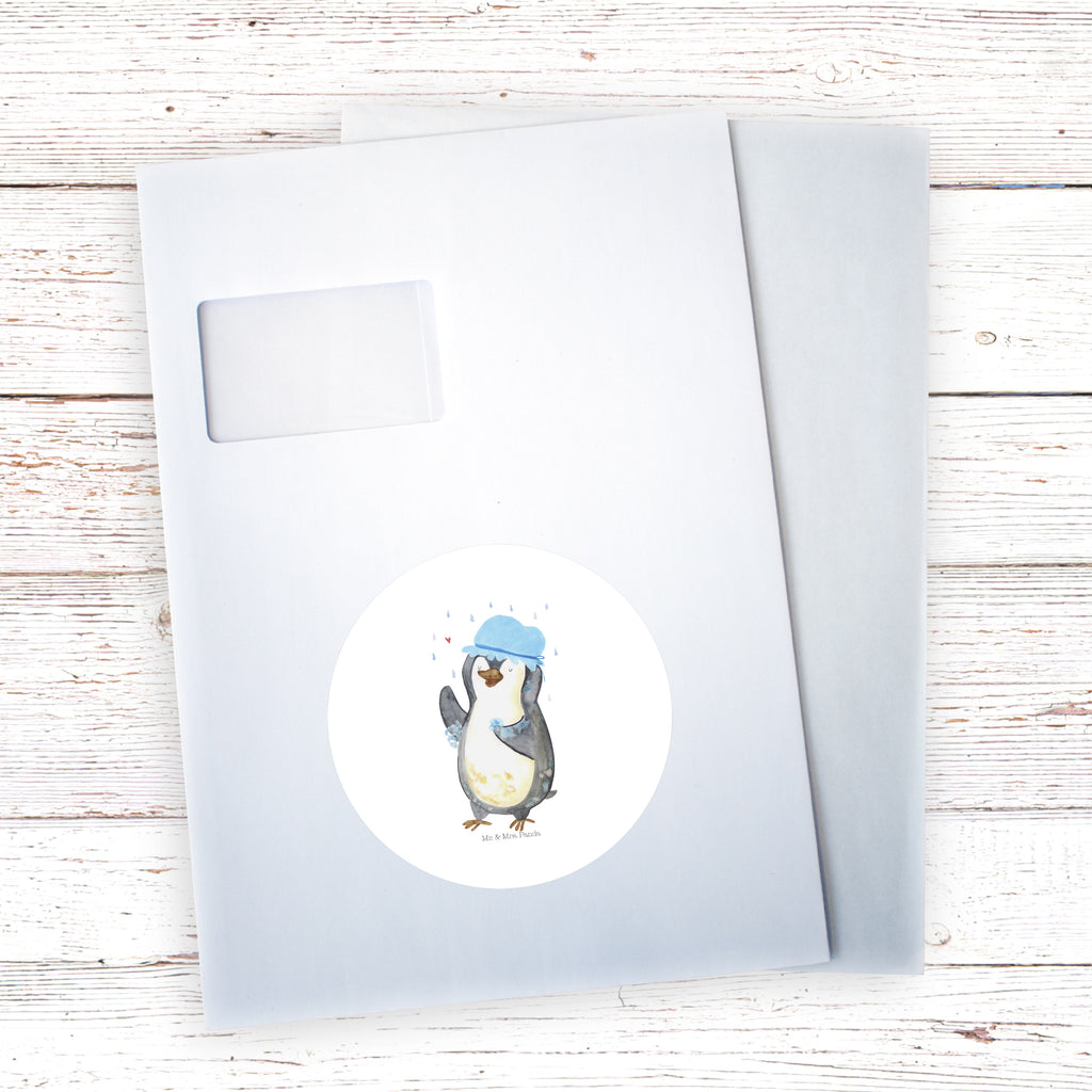 Rund Aufkleber Pinguin duscht Sticker, Aufkleber, Etikett, Kinder, rund, Pinguin, Pinguine, Dusche, duschen, Lebensmotto, Motivation, Neustart, Neuanfang, glücklich sein