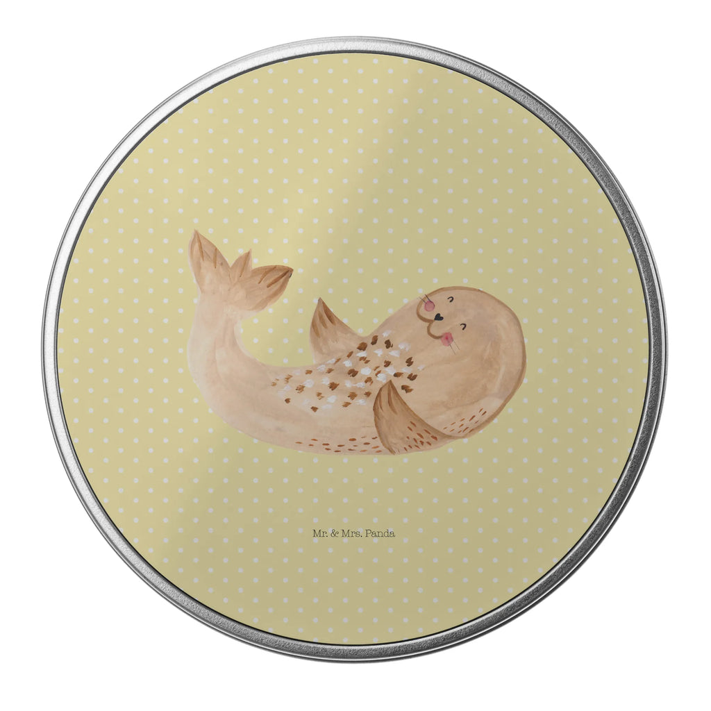 okrągła puszka z blachy foka Leżeć Motywy zwierzęce, dobra energia, zabawne powiedzonka, zwierzęta