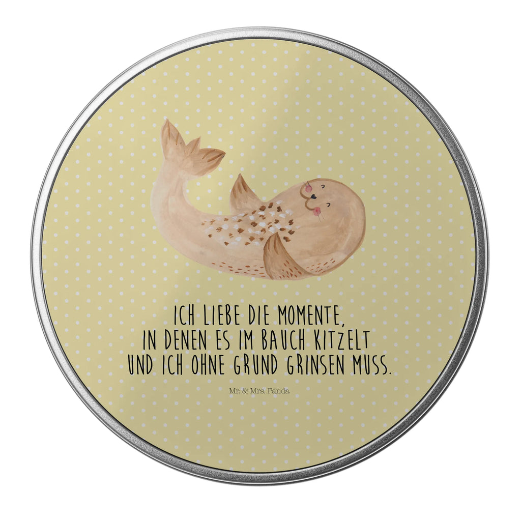 okrągła puszka z blachy foka Leżeć Motywy zwierzęce, dobra energia, zabawne powiedzonka, zwierzęta