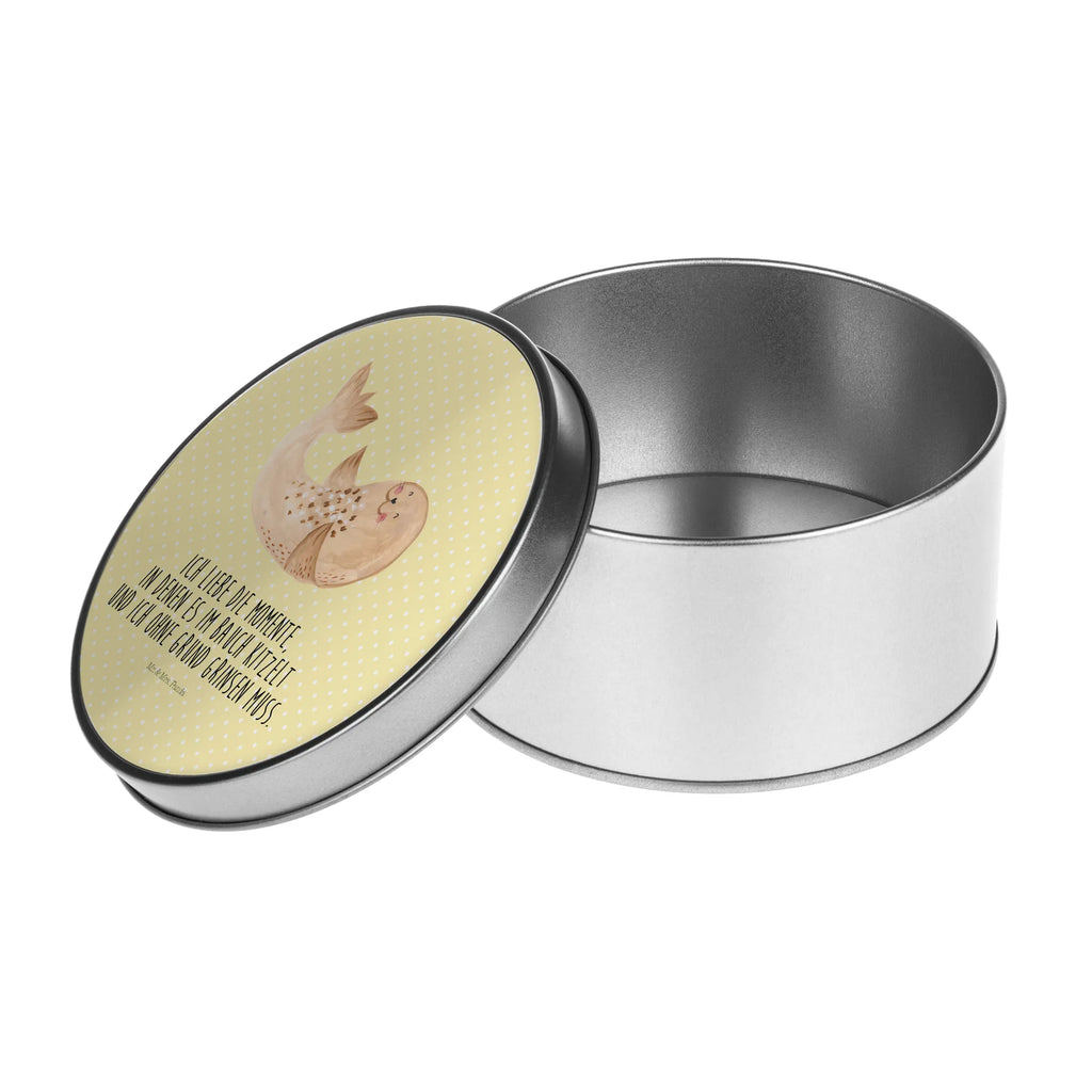 okrągła puszka z blachy foka Leżeć Motywy zwierzęce, dobra energia, zabawne powiedzonka, zwierzęta