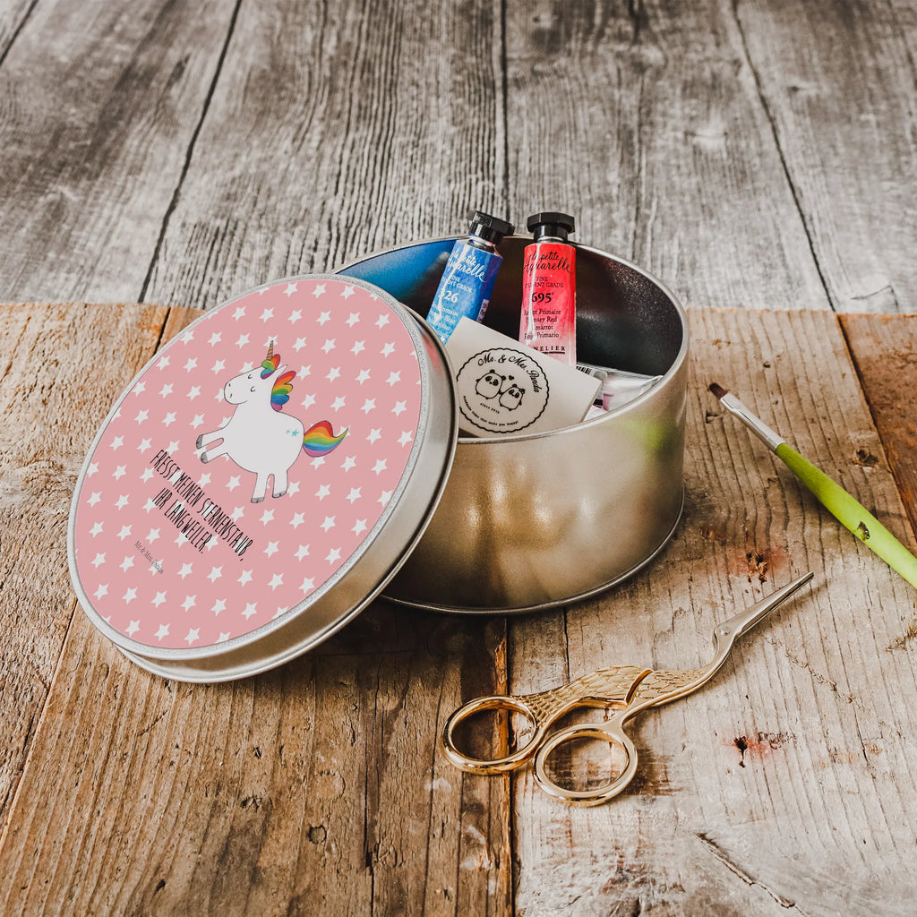 okrągła puszka z blachy Jednorożec Szczęśliwy Jednorożec, jednorożce, dekoracje jednorożca, jednorożec