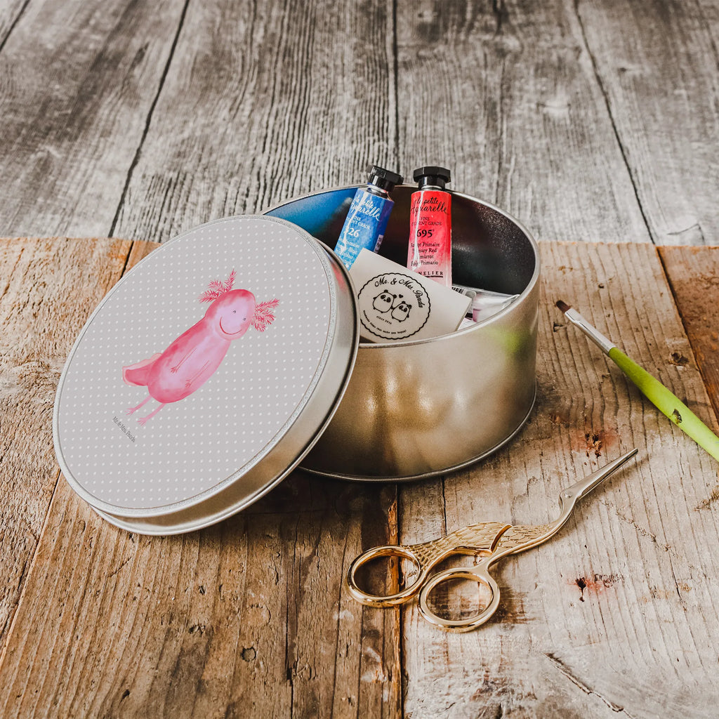 Round tin axolotl Happy storage, tin can, gift box, storage tin, cookie tin, tin, Axolotl, Axelotl, marine animals, Mexican walking fish, salamander, axolotl, good mood, amphibian, motivation, axolot, tail