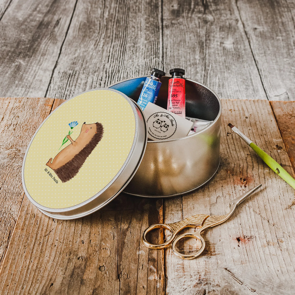 okrągła puszka z blachy jeż Kwiaty Motywy zwierzęce, dobra energia, zabawne powiedzonka, zwierzęta