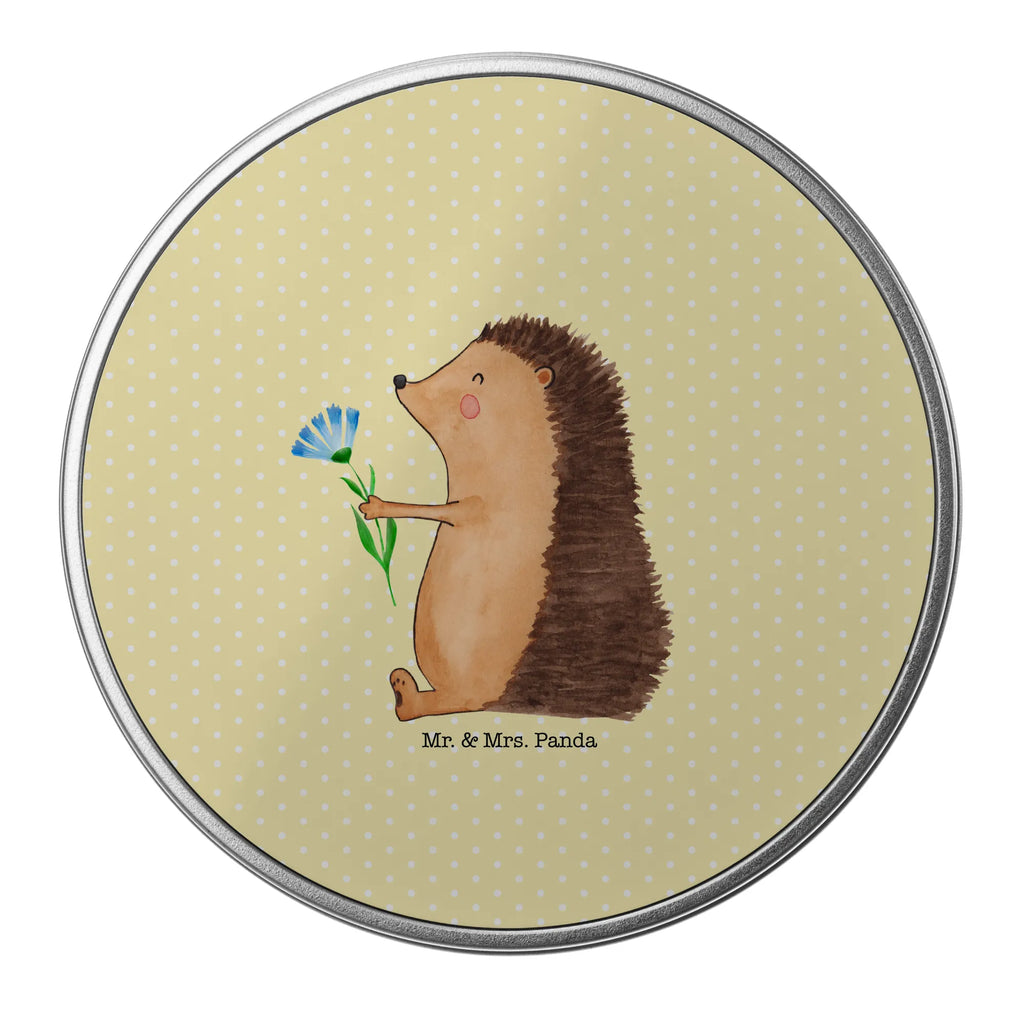 okrągła puszka z blachy jeż Kwiaty Motywy zwierzęce, dobra energia, zabawne powiedzonka, zwierzęta