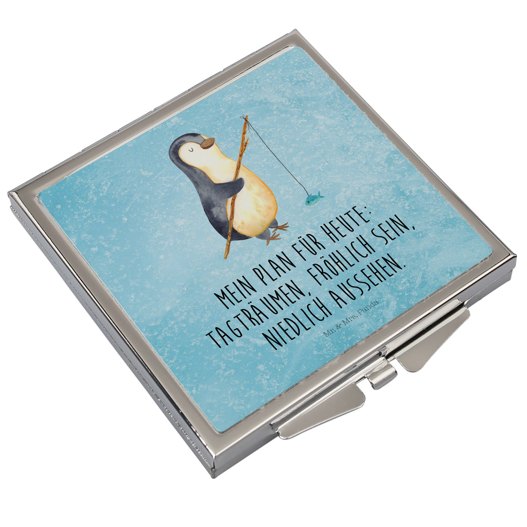 Handtaschenspiegel quadratisch Pinguin Angler Spiegel, Handtasche, Quadrat, silber, schminken, Schminkspiegel, Pinguin, Pinguine, Angeln, Angler, Tagträume, Hobby, Plan, Planer, Tagesplan, Neustart, Motivation, Geschenk, Freundinnen, Geschenkidee, Urlaub, Wochenende