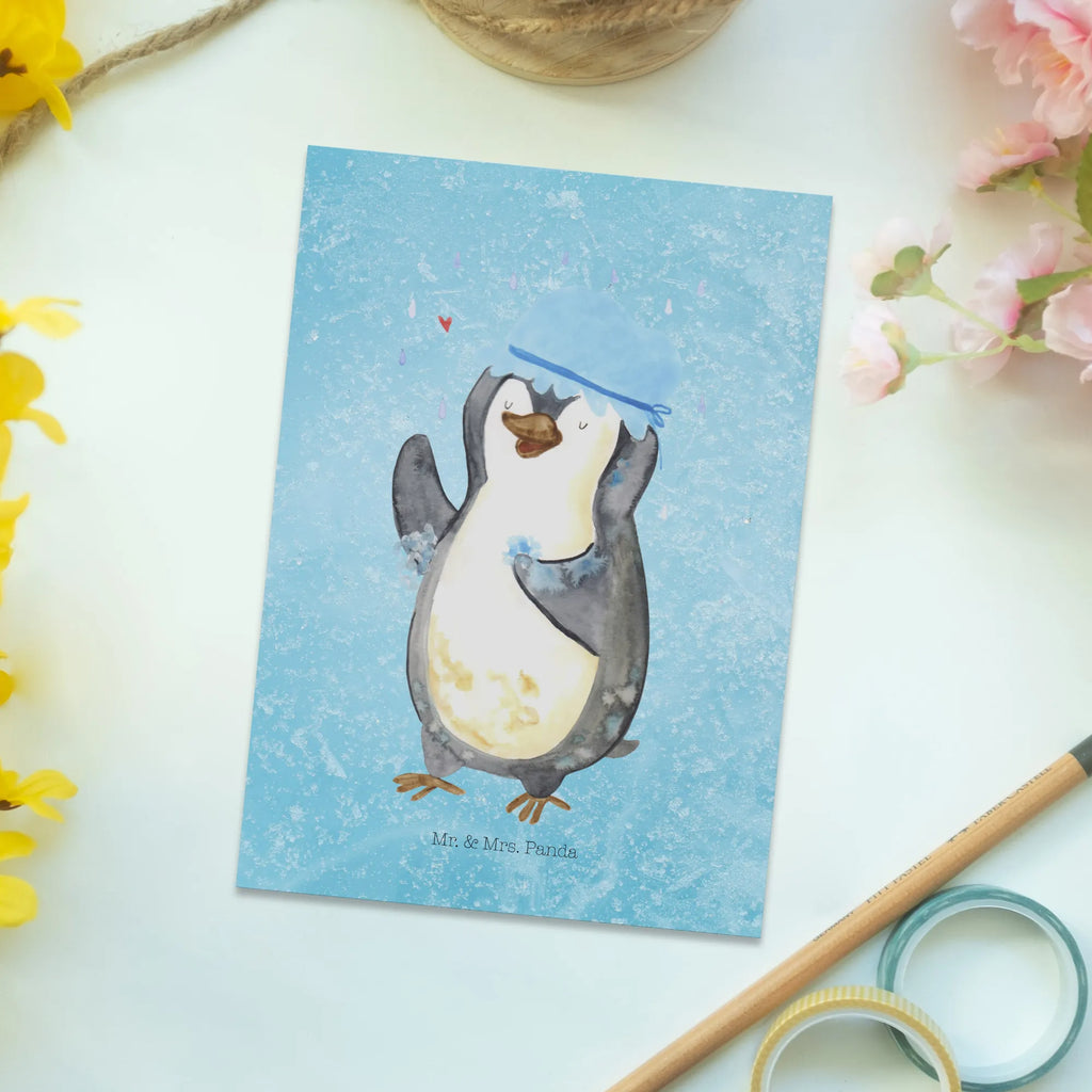 Postkarte Pinguin Duschen bildkarte, Fotokarte, Designkarte, Motivkarte, Postkarte, spruchkarte, einzelkarte, Postkarten, Ansichtskarten, Ansichtskarte, kunstkarte, Grußkarte, Kunstkarten, Pinguin, Dusche, Motivation, Duschen, Lebensmotto, Neustart, Neuanfang, glücklich sein, Pinguine