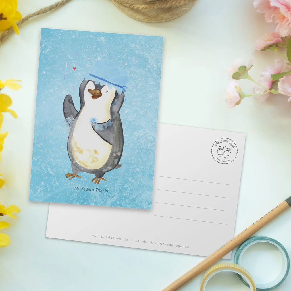 Postkarte Pinguin Duschen bildkarte, Fotokarte, Designkarte, Motivkarte, Postkarte, spruchkarte, einzelkarte, Postkarten, Ansichtskarten, Ansichtskarte, kunstkarte, Grußkarte, Kunstkarten, Pinguin, Dusche, Motivation, Duschen, Lebensmotto, Neustart, Neuanfang, glücklich sein, Pinguine