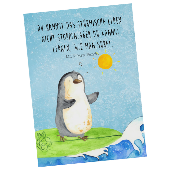 Postcard Penguin surfer