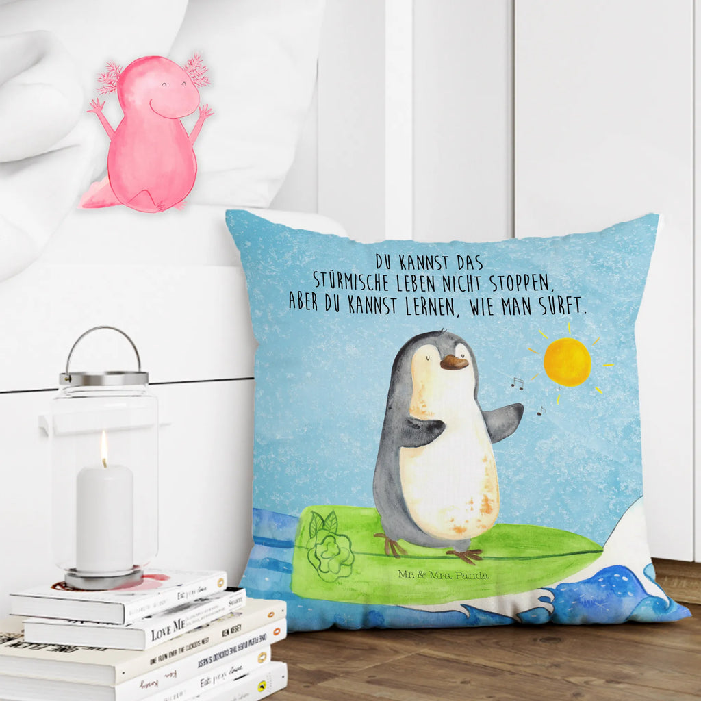 Cushion Penguin surfer bedroom, couch, pillows, sofa, cushion, settee, soft, 40x40, 40 x 40, bed, Pillow, pad, fluffy, pillow case, Penguin, North Pole, Winter, Penguins, Hawaii, waves, penguins, surfing, Portugal, wave riding, holidays, surfers