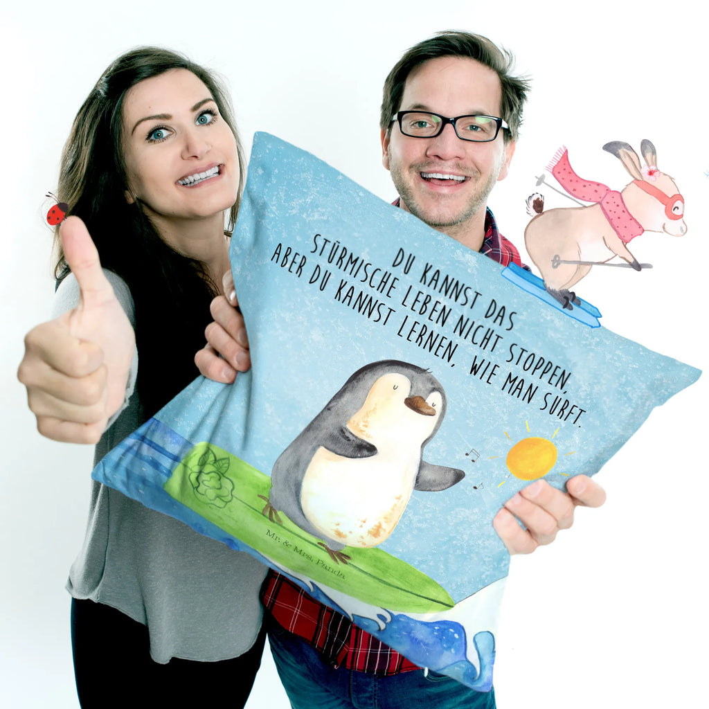 Cushion Penguin surfer bedroom, couch, pillows, sofa, cushion, settee, soft, 40x40, 40 x 40, bed, Pillow, pad, fluffy, pillow case, Penguin, North Pole, Winter, Penguins, Hawaii, waves, penguins, surfing, Portugal, wave riding, holidays, surfers