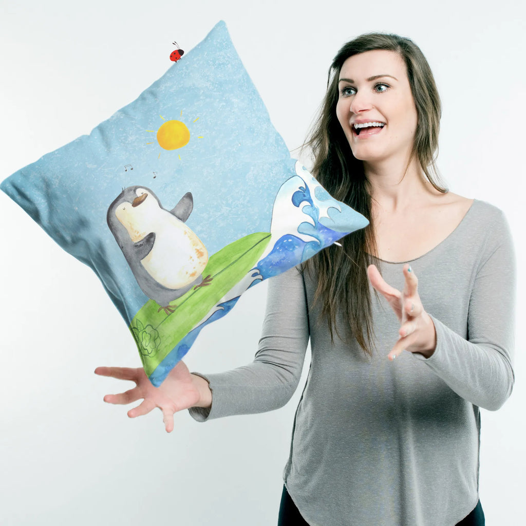 Cushion Penguin surfer bedroom, couch, pillows, sofa, cushion, settee, soft, 40x40, 40 x 40, bed, Pillow, pad, fluffy, pillow case, Penguin, North Pole, Winter, Penguins, Hawaii, waves, penguins, surfing, Portugal, wave riding, holidays, surfers