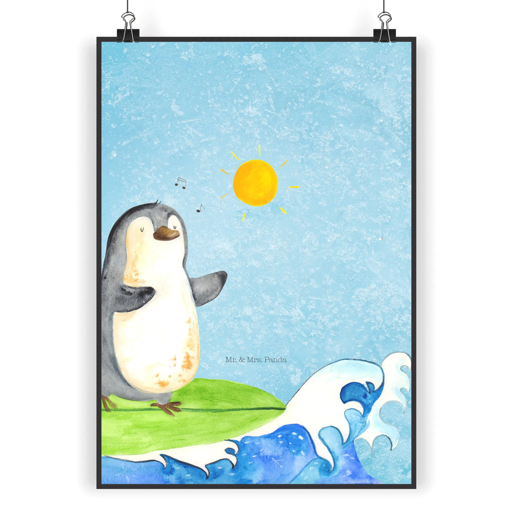 Plakat Pingwin surfista Wanddeko, Wanddekoration, Handgemaltes Poster, Kinderposter, Designposter, Raumdekoration, Poster, Bild, Küchenposter, Posterdruck, Wanddeko Bild, Kunstdruck, Wandposter, Mr. & Mrs. Panda Poster, Pinguin, Surfer, Urlaub, Portugal, surfen, Wellen, Hawaii, Pinguine, Wellen reiten