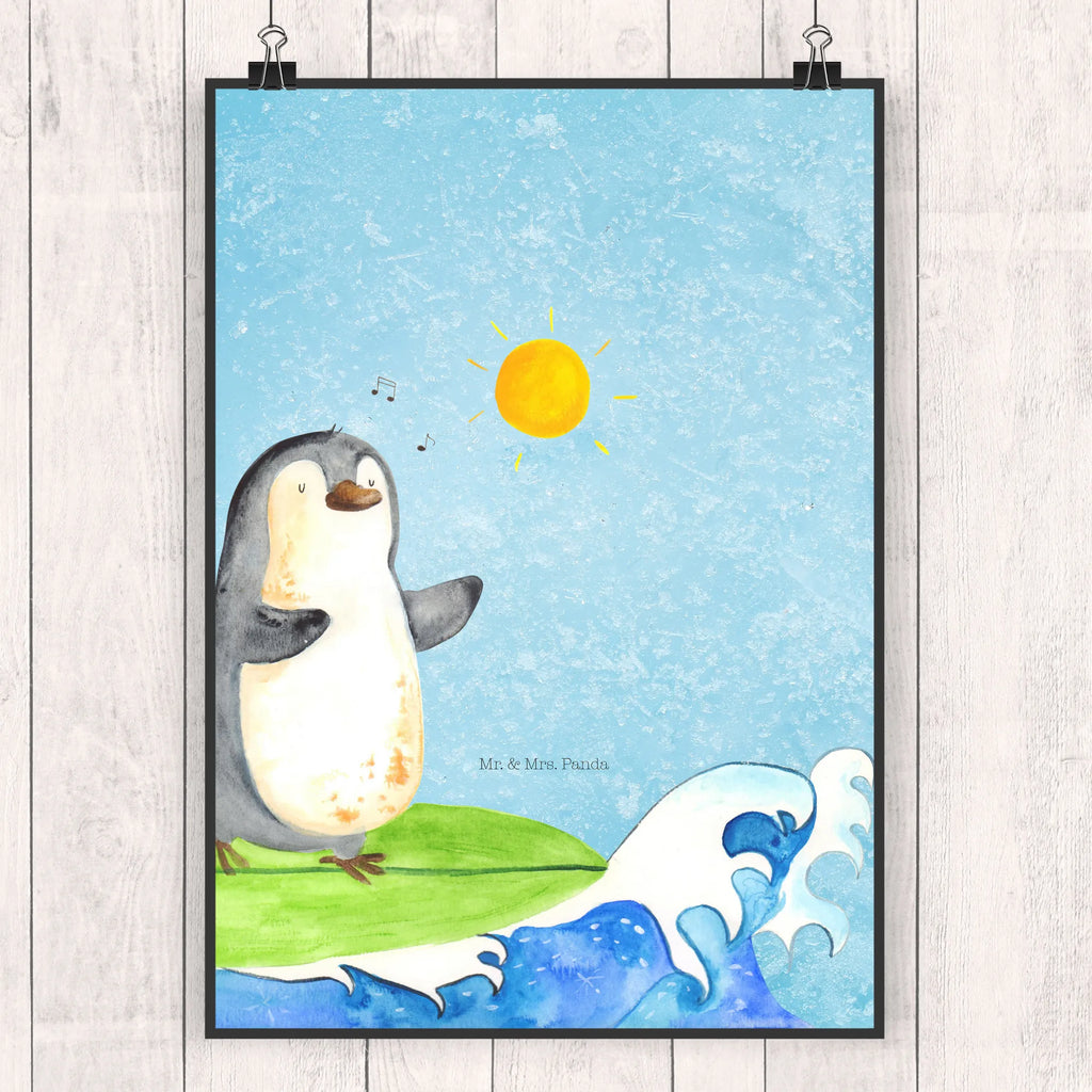 Plakat Pingwin surfista Wanddeko, Wanddekoration, Handgemaltes Poster, Kinderposter, Designposter, Raumdekoration, Poster, Bild, Küchenposter, Posterdruck, Wanddeko Bild, Kunstdruck, Wandposter, Mr. & Mrs. Panda Poster, Pinguin, Surfer, Urlaub, Portugal, surfen, Wellen, Hawaii, Pinguine, Wellen reiten