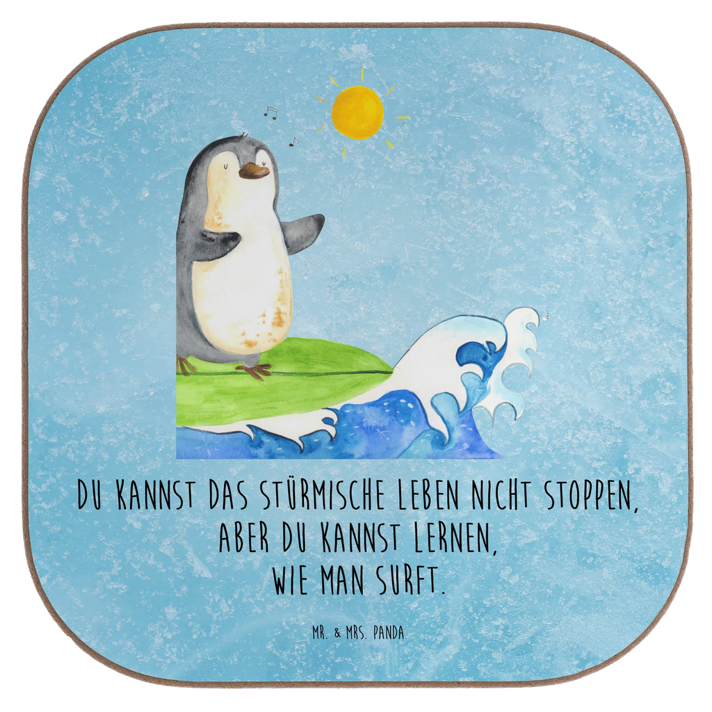 Square coaster Penguin surfer presents, Coasters, party, gifts, gift, breakfast, glass coasters, Penguin, North Pole, Winter, Penguins, waves, Portugal, wave riding, Hawaii, surfing, holidays, surfers, penguins