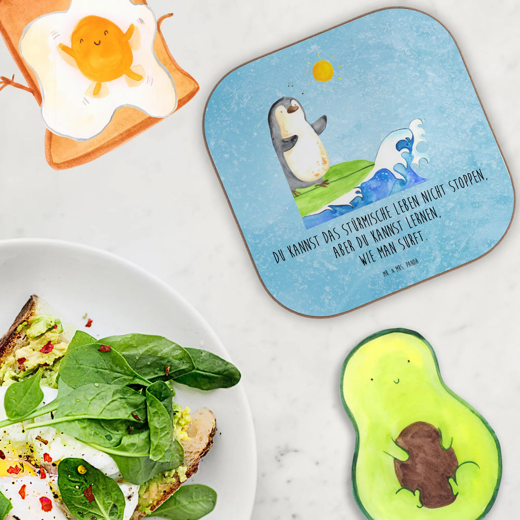 Square coaster Penguin surfer presents, Coasters, party, gifts, gift, breakfast, glass coasters, Penguin, North Pole, Winter, Penguins, waves, Portugal, wave riding, Hawaii, surfing, holidays, surfers, penguins