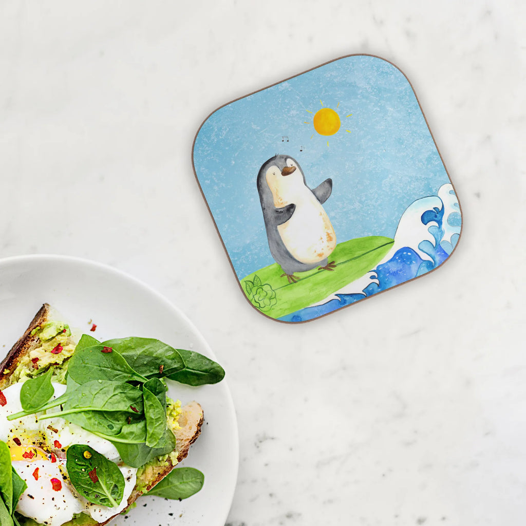 Square coaster Penguin surfer presents, Coasters, party, gifts, gift, breakfast, glass coasters, Penguin, North Pole, Winter, Penguins, waves, Portugal, wave riding, Hawaii, surfing, holidays, surfers, penguins