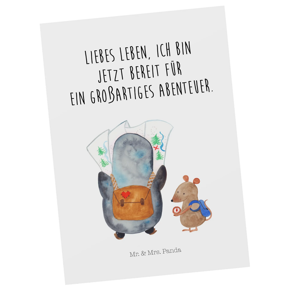 Pocztówka Pingwin i Mysz Wędrowcy Motivkarte, bildkarte, kunstkarte, Postkarten, einzelkarte, Fotokarte, Postkarte, Ansichtskarten, Designkarte, spruchkarte, Grußkarte, Ansichtskarte, Kunstkarten, Pinguin, Abenteuer, Ausflug, Abenteurer, Wanderlust, Pinguine, Wandern, Roadtrip
