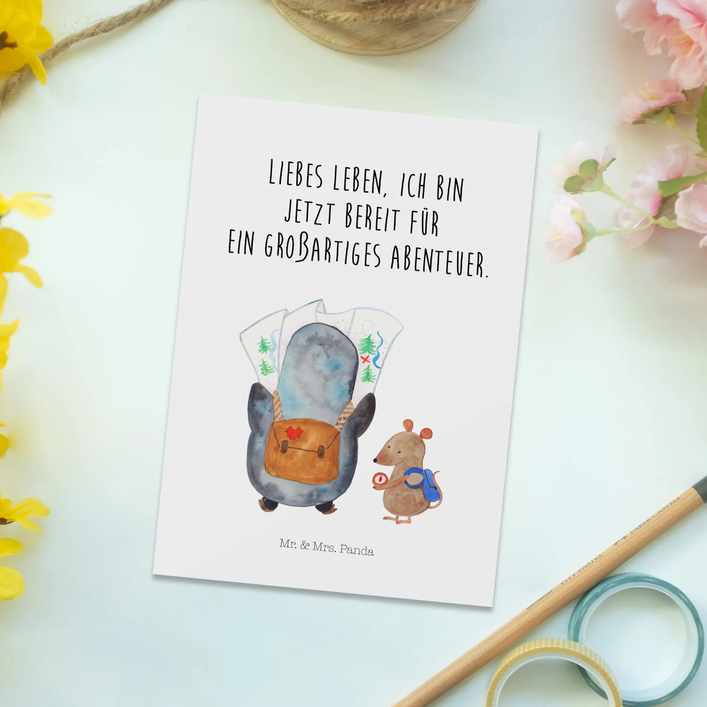 Pocztówka Pingwin i Mysz Wędrowcy Motivkarte, bildkarte, kunstkarte, Postkarten, einzelkarte, Fotokarte, Postkarte, Ansichtskarten, Designkarte, spruchkarte, Grußkarte, Ansichtskarte, Kunstkarten, Pinguin, Abenteuer, Ausflug, Abenteurer, Wanderlust, Pinguine, Wandern, Roadtrip