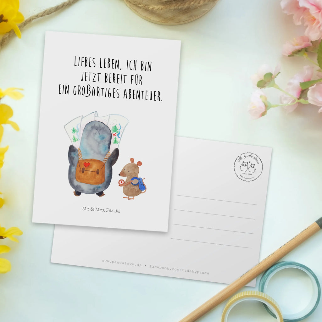 Pocztówka Pingwin i Mysz Wędrowcy Motivkarte, bildkarte, kunstkarte, Postkarten, einzelkarte, Fotokarte, Postkarte, Ansichtskarten, Designkarte, spruchkarte, Grußkarte, Ansichtskarte, Kunstkarten, Pinguin, Abenteuer, Ausflug, Abenteurer, Wanderlust, Pinguine, Wandern, Roadtrip