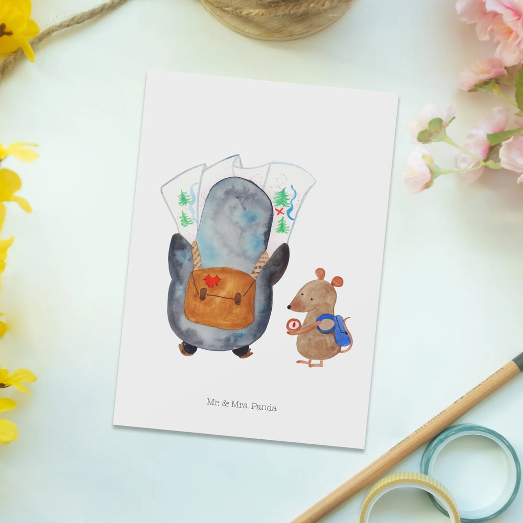 Pocztówka Pingwin i Mysz Wędrowcy Motivkarte, bildkarte, kunstkarte, Postkarten, einzelkarte, Fotokarte, Postkarte, Ansichtskarten, Designkarte, spruchkarte, Grußkarte, Ansichtskarte, Kunstkarten, Pinguin, Abenteuer, Ausflug, Abenteurer, Wanderlust, Pinguine, Wandern, Roadtrip