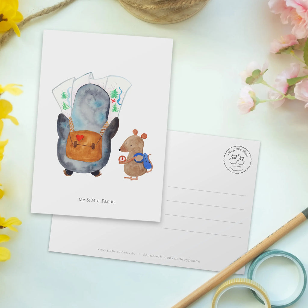 Pocztówka Pingwin i Mysz Wędrowcy Motivkarte, bildkarte, kunstkarte, Postkarten, einzelkarte, Fotokarte, Postkarte, Ansichtskarten, Designkarte, spruchkarte, Grußkarte, Ansichtskarte, Kunstkarten, Pinguin, Abenteuer, Ausflug, Abenteurer, Wanderlust, Pinguine, Wandern, Roadtrip