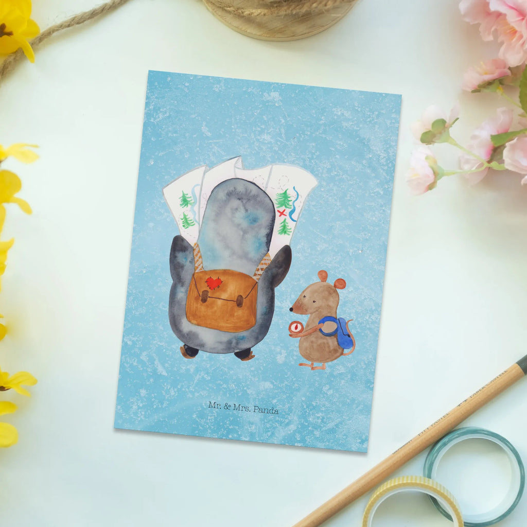 Pocztówka Pingwin i Mysz Wędrowcy Motivkarte, bildkarte, kunstkarte, Postkarten, einzelkarte, Fotokarte, Postkarte, Ansichtskarten, Designkarte, spruchkarte, Grußkarte, Ansichtskarte, Kunstkarten, Pinguin, Abenteuer, Ausflug, Abenteurer, Wanderlust, Pinguine, Wandern, Roadtrip