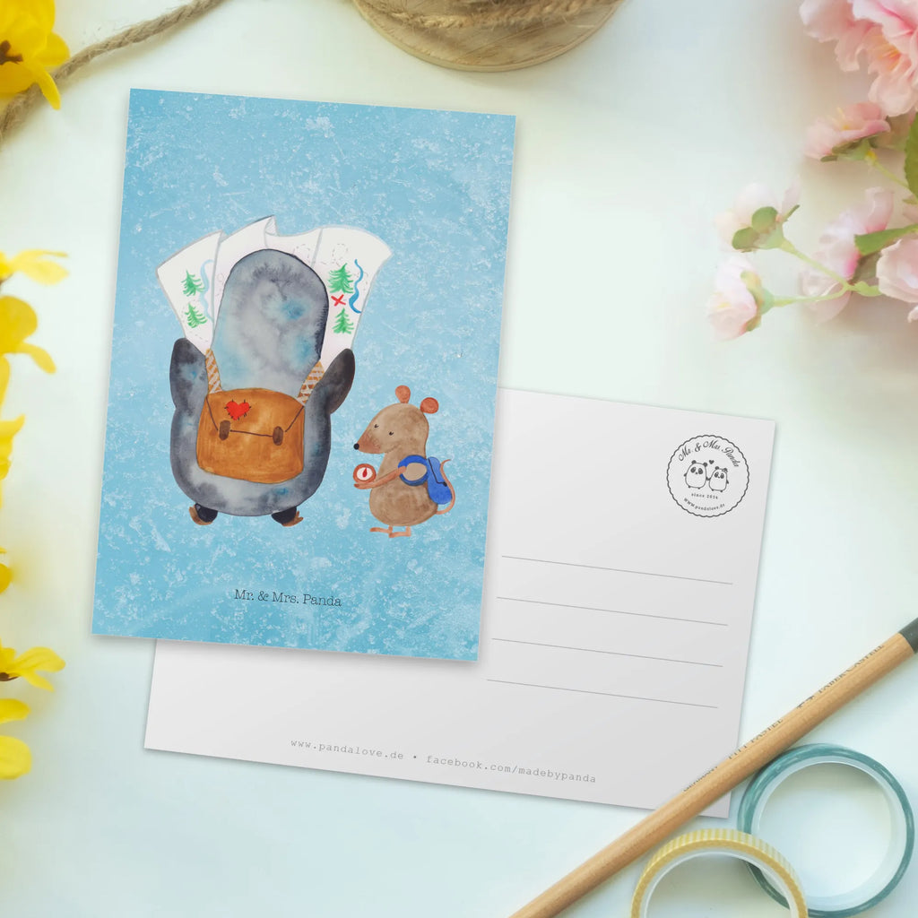 Pocztówka Pingwin i Mysz Wędrowcy Motivkarte, bildkarte, kunstkarte, Postkarten, einzelkarte, Fotokarte, Postkarte, Ansichtskarten, Designkarte, spruchkarte, Grußkarte, Ansichtskarte, Kunstkarten, Pinguin, Abenteuer, Ausflug, Abenteurer, Wanderlust, Pinguine, Wandern, Roadtrip