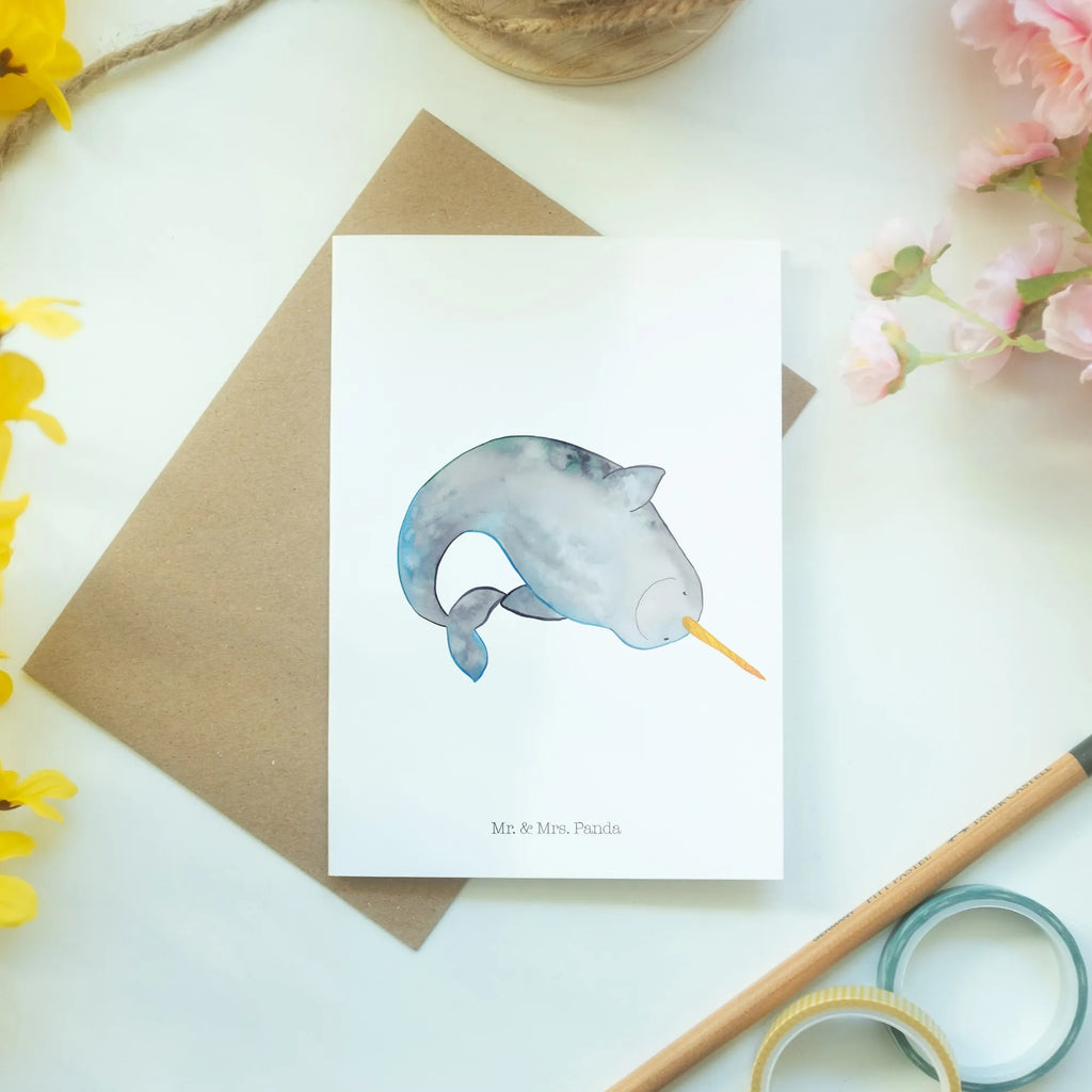 Greetings card Narwhal Ansichtskarten, Hochzeitskarte, Glückwunschkarte, Geburtstagskarte, Klappkarte, Einladungskarte, Karte, Grußkarte, Meerestiere, Meer, Urlaub, Junggesellin, Hausfrau, aufräumen, Wal, Putzen, Kinderzimmer, Narwal