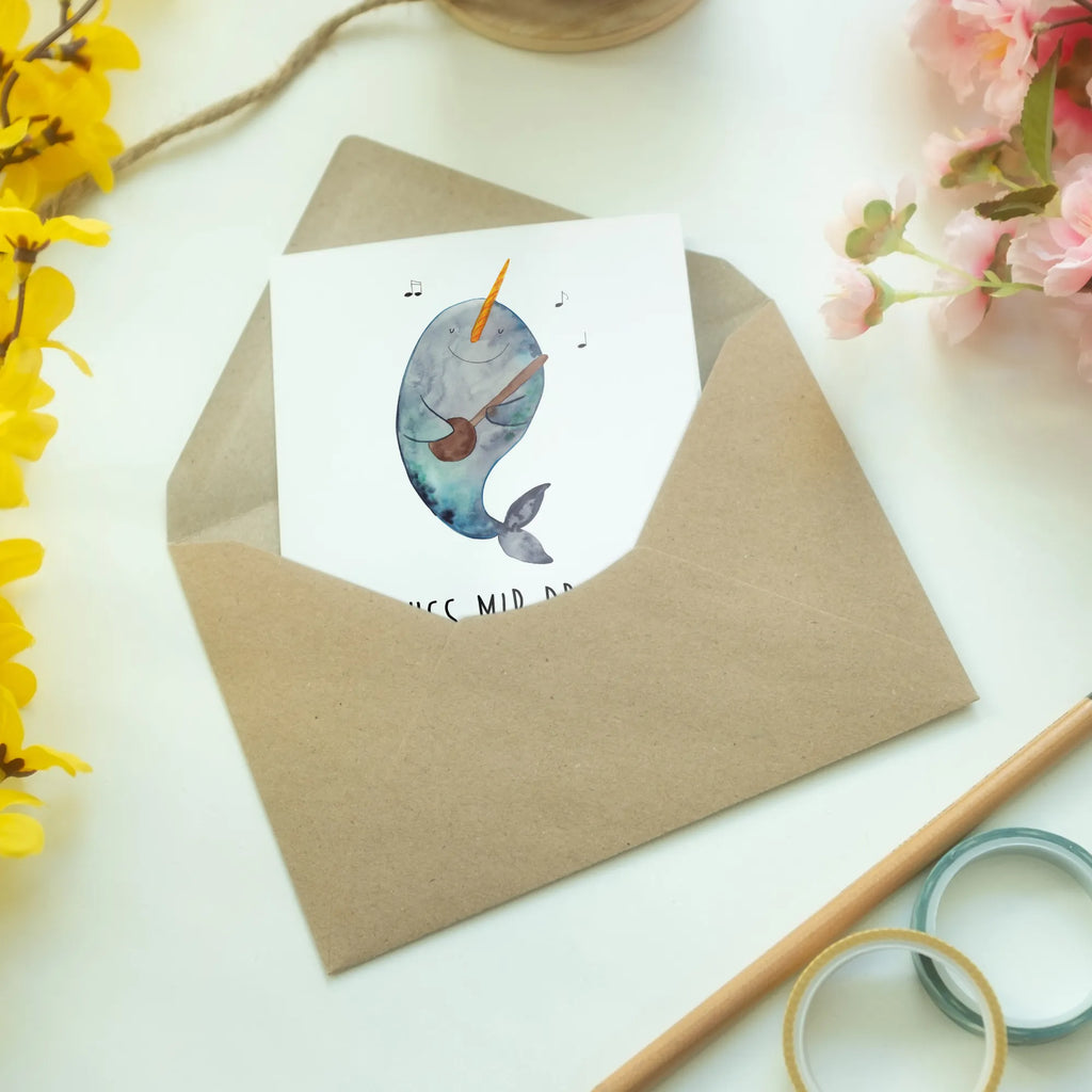 Greetings card narwhal guitar Grußkarten, kommunionskarte, glückwunschkarten, Grußkarte, firmungskarte, osterkarte, hochzeitskarten, spruchkarte, dankeskarten, Glückwunschkarte, Klappkarte, jubiläumskarte, valentinstagskarte, einladungskarten, weihnachtskarten, Motivkarte, neujahrskarte, osterkarten, Beileidskarte, abiturkarte, genesungskarte, babykarte, vatertagskarte, Meerestiere, Urlaub, Meer, Gespräche, Frust, Probleme, Tanzen, Problemlösung, Wal, Gitarre, Narwal