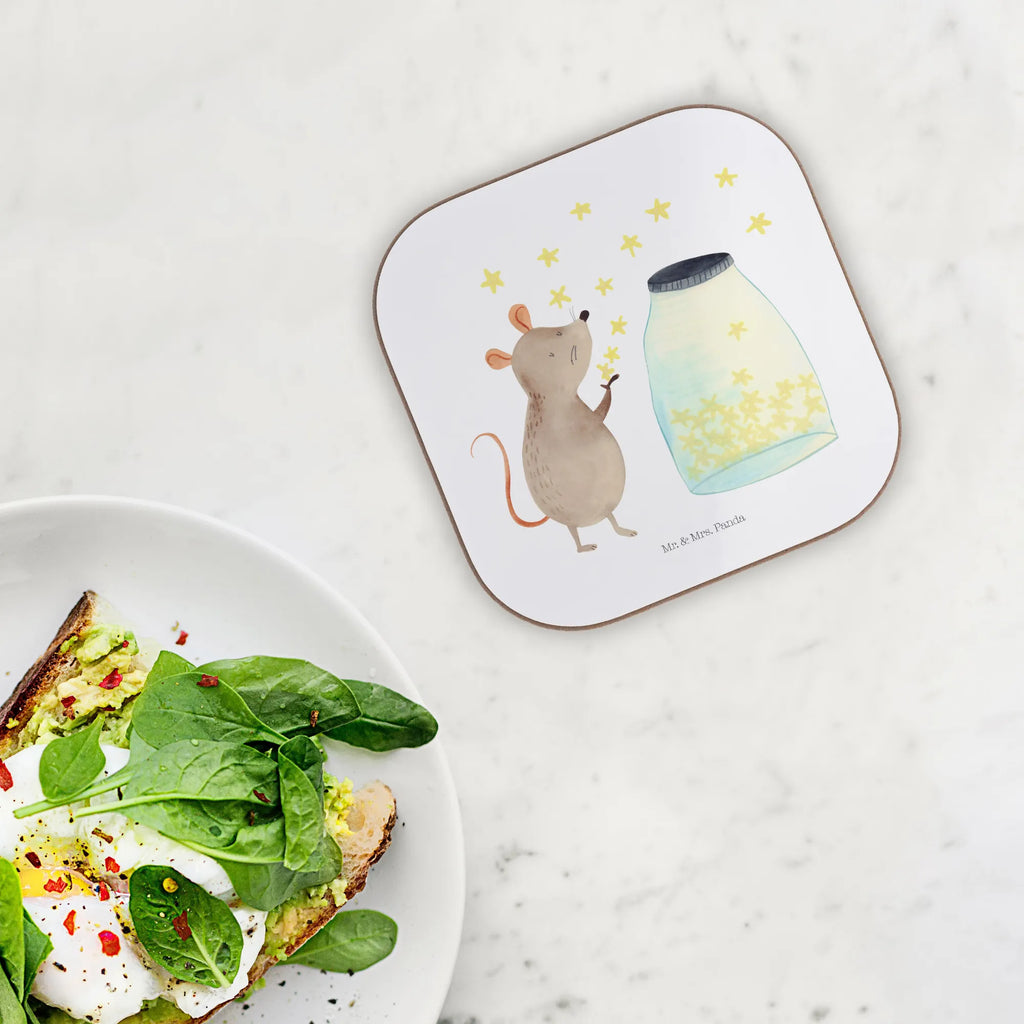 Square coaster Mouse Stars Coasters, gifts, gift, breakfast, presents, glass coasters, party, small animals, cute, funny, cute animal motives, hand drawn, small world, funny sayings, good mood, happy, gift ideas, special gifts, animal lover, card, baptism, hope, Mouse, stars, dreams, wish, birthday, first child, birth, pregnancy, child birthday, child, baptism gift