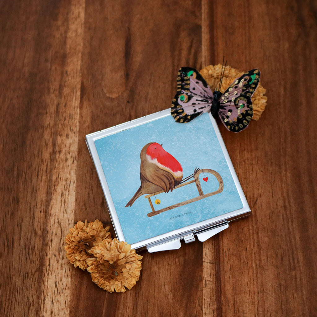 Kwadratowe lusterko do torebki rudzik sanki Zima, Boże Narodzenie, dekoracje świąteczne, Mikołaj, Adwent, Wigilia, zimowy motyw