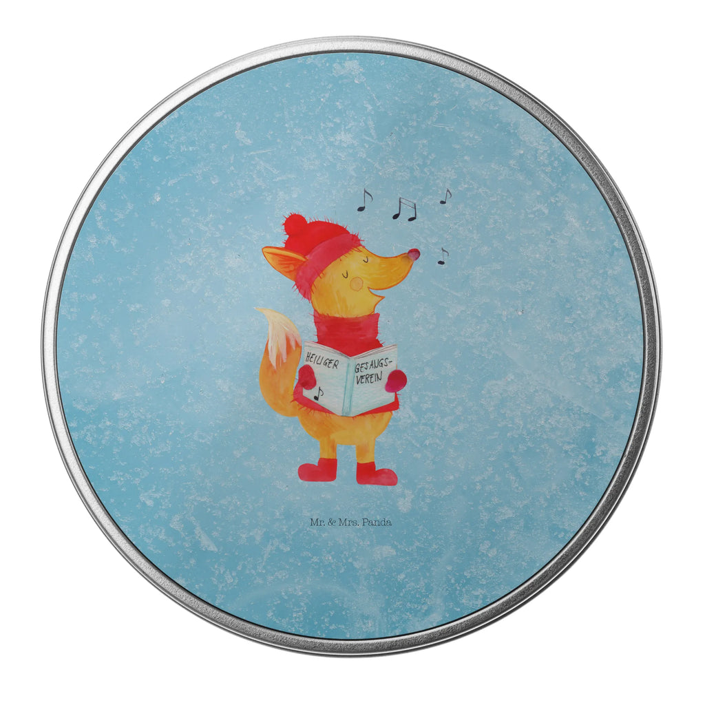 okrągła puszka z blachy lis Śpiewak Zima, Boże Narodzenie, dekoracje świąteczne, Mikołaj, Adwent, Wigilia, zimowy motyw