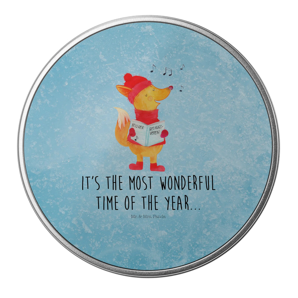 okrągła puszka z blachy lis Śpiewak Zima, Boże Narodzenie, dekoracje świąteczne, Mikołaj, Adwent, Wigilia, zimowy motyw