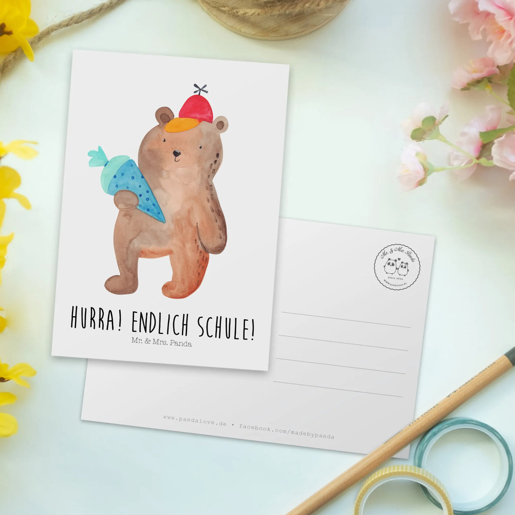 Postcard bear School cone letter, invitation card, gift card, card, Postcard, gift, invitation, paper, postcards, bear, teddy, teddy bear, cuddly toy, First day of school gift, School enrolment gift, Starting school, Bear motif, School gift, School bag, Primary school