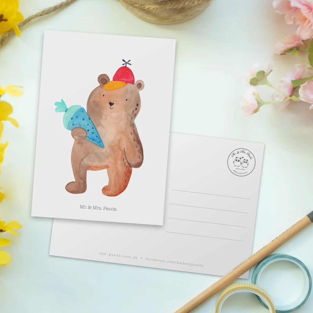 Postcard bear School cone letter, invitation card, gift card, card, Postcard, gift, invitation, paper, postcards, bear, teddy, teddy bear, cuddly toy, First day of school gift, School enrolment gift, Starting school, Bear motif, School gift, School bag, Primary school