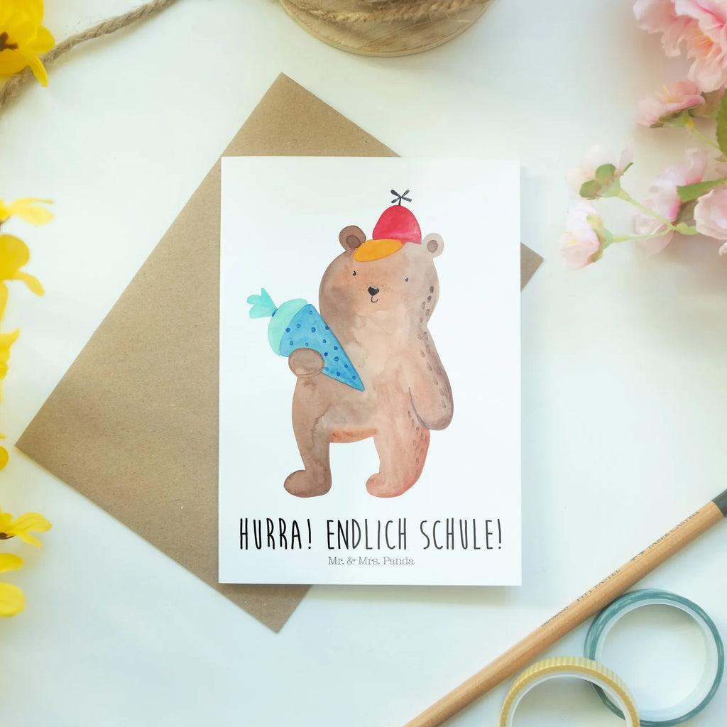 Kartka okolicznościowa Niedźwiedź Torebka szkolna Einladungskarte, Geburtstagskarte, Ansichtskarten, Grußkarte, Glückwunschkarte, Klappkarte, Karte, Hochzeitskarte, Bär, Teddy, Teddybär, Einschulung Geschenk, Schulanfang, Bär Motiv, Schultüte, Schule Geschenk, Erster Schultag Geschenk, Schulbeginn, Grundschule