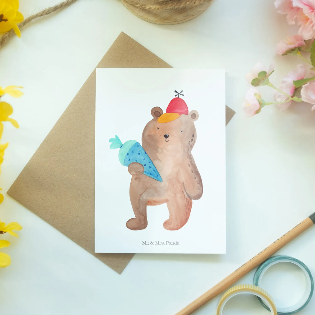 Kartka okolicznościowa Niedźwiedź Torebka szkolna Einladungskarte, Geburtstagskarte, Ansichtskarten, Grußkarte, Glückwunschkarte, Klappkarte, Karte, Hochzeitskarte, Bär, Teddy, Teddybär, Einschulung Geschenk, Schulanfang, Bär Motiv, Schultüte, Schule Geschenk, Erster Schultag Geschenk, Schulbeginn, Grundschule