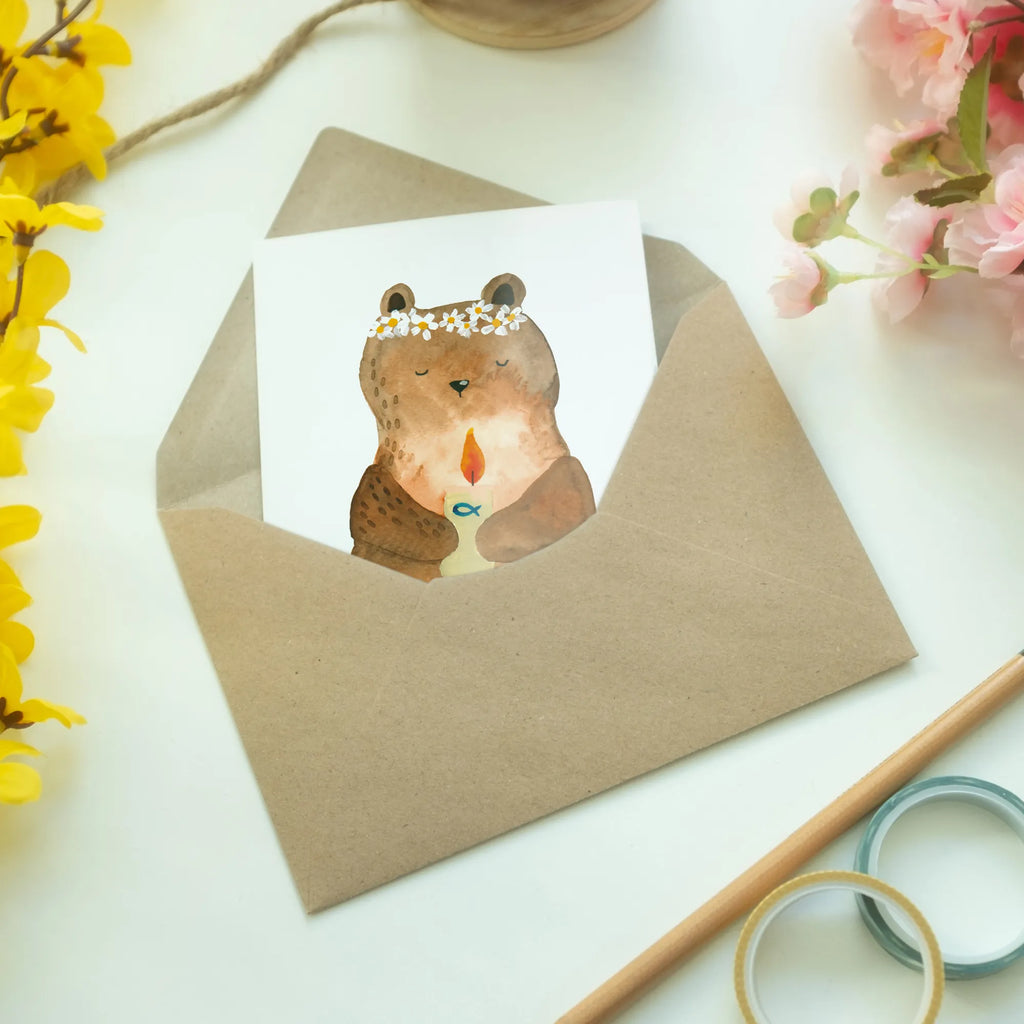 Greetings card bear communion genesungskarte, valentinstagskarte, jubiläumskarte, dankeskarten, Motivkarte, kommunionskarte, hochzeitskarten, Beileidskarte, weihnachtskarten, firmungskarte, Grußkarten, vatertagskarte, babykarte, glückwunschkarten, osterkarte, spruchkarte, Glückwunschkarte, neujahrskarte, abiturkarte, osterkarten, Klappkarte, Grußkarte, einladungskarten, Teddy, Bär, Teddybär, Kommunion, Taufkerze, Katholisch, Gottes Segen