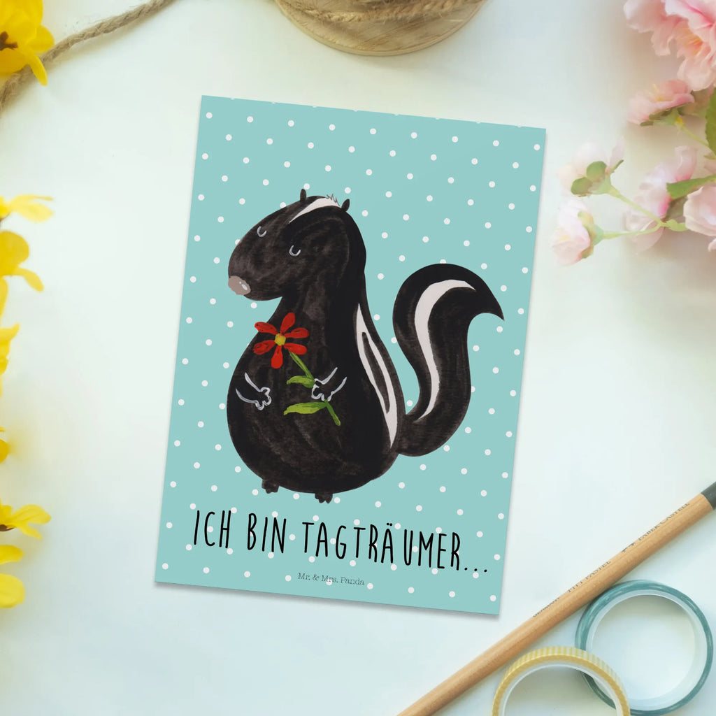 Pocztówka skunks kwiat Fotokarte, Ansichtskarten, Postkarte, bildkarte, Postkarten, Kunstkarten, Designkarte, spruchkarte, einzelkarte, Ansichtskarte, kunstkarte, Motivkarte, Grußkarte, Stinktier, Skunk, Dreams, Stinki, Tagträumer, Stinker, Wildtier, Verträumt, Raubtier, Träume