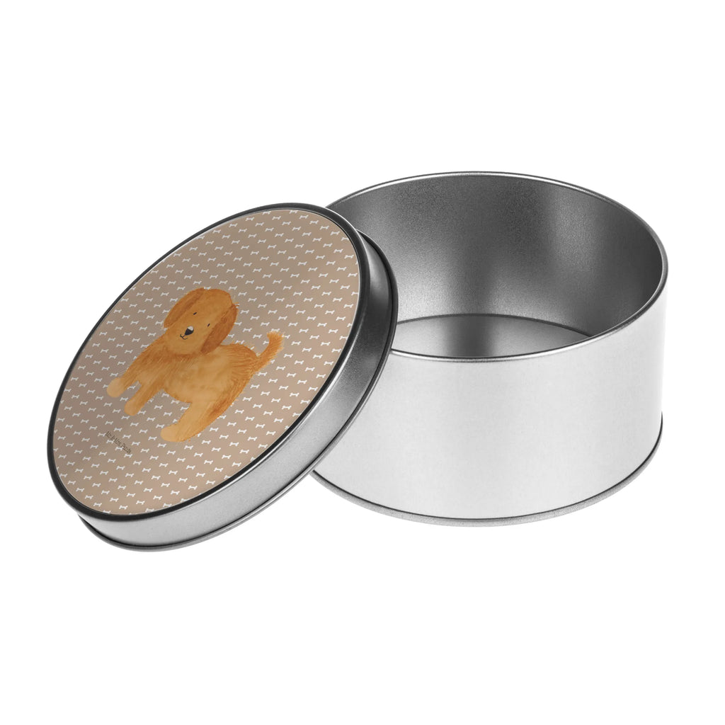 okrągła puszka z blachy pies puszysty Pies, motyw psa, zwierzę domowe, rasa psa, miłośnik zwierząt, właściciel psa, powiedzenia