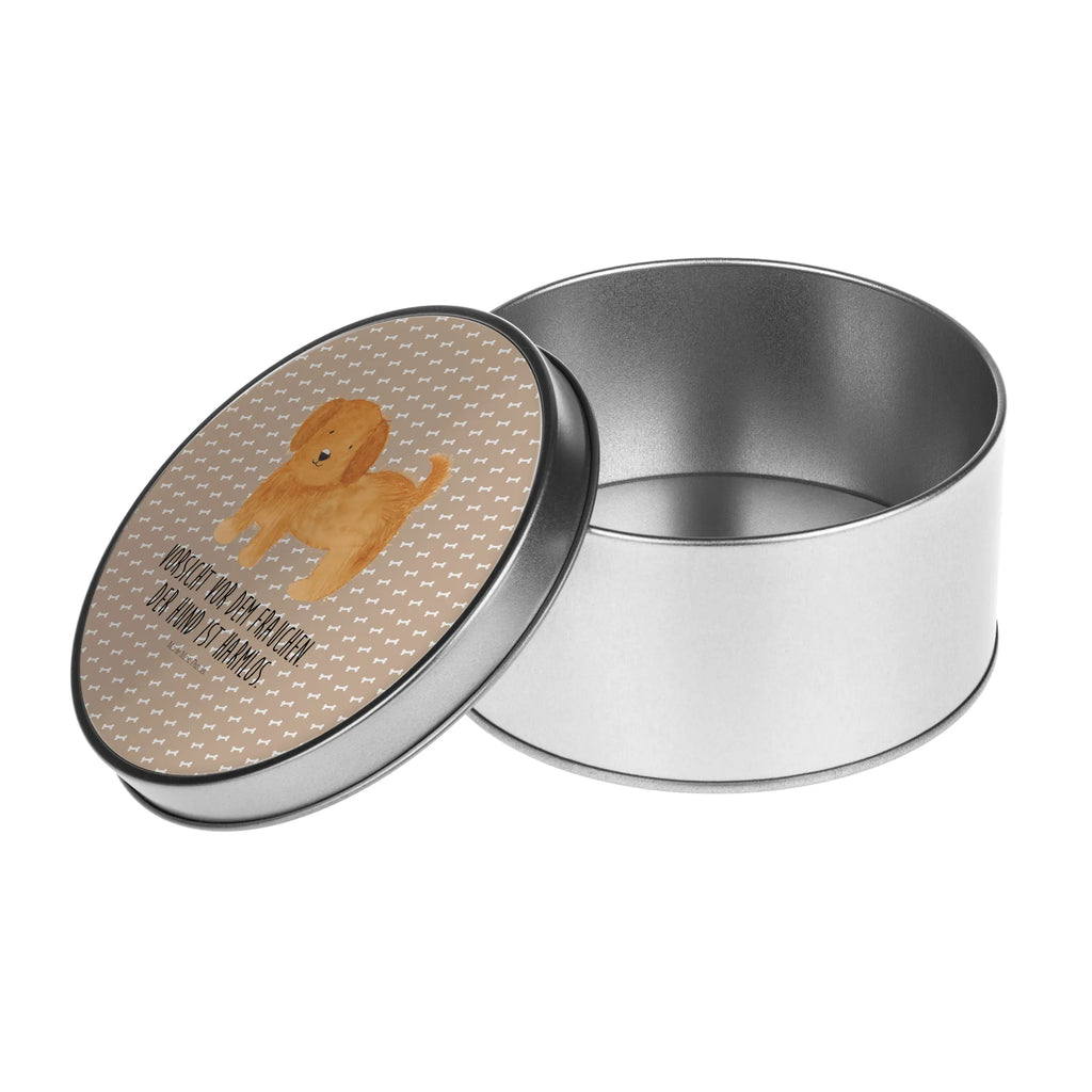 okrągła puszka z blachy pies puszysty Pies, motyw psa, zwierzę domowe, rasa psa, miłośnik zwierząt, właściciel psa, powiedzenia