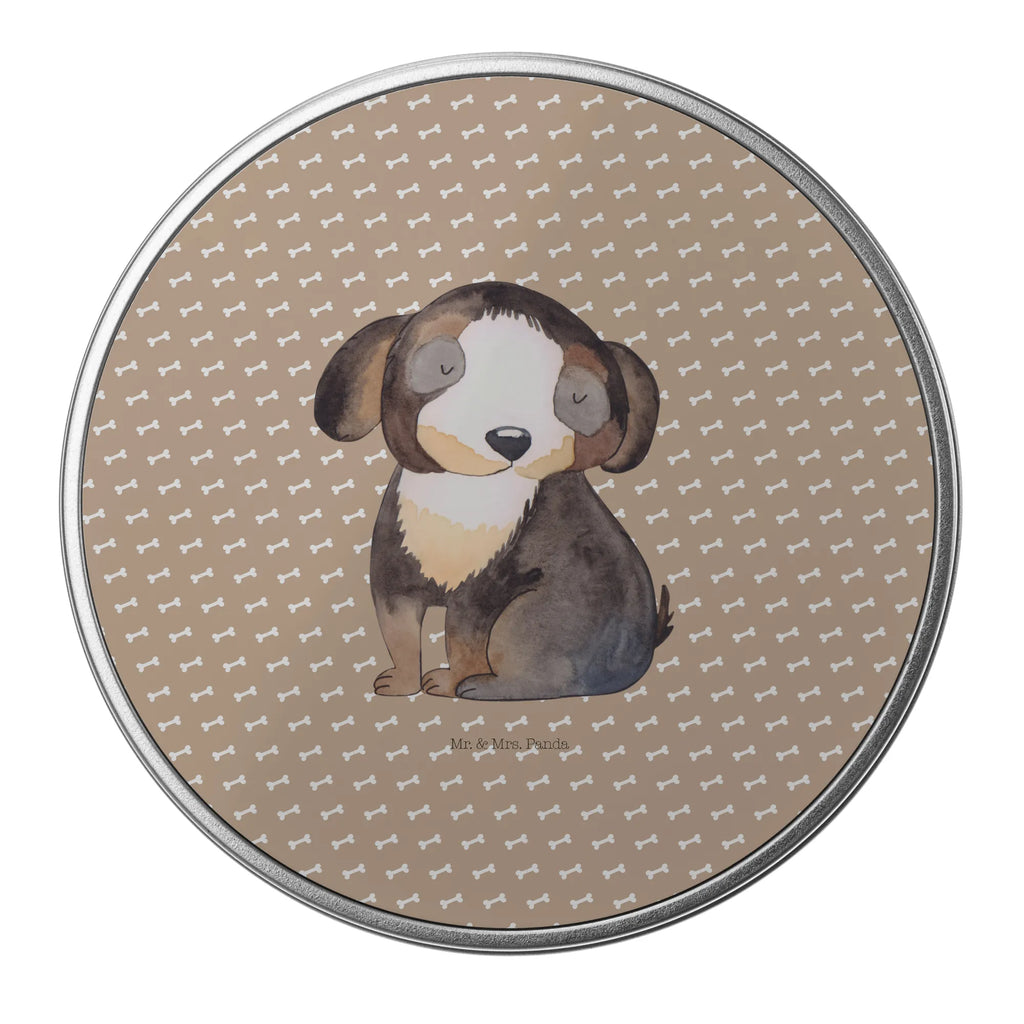 okrągła puszka z blachy pies relaks Pies, motyw psa, zwierzę domowe, rasa psa, miłośnik zwierząt, właściciel psa, powiedzenia